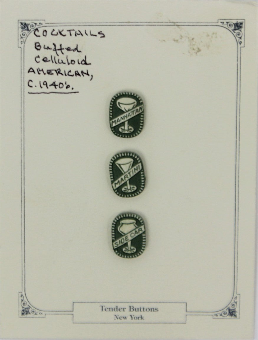 "Set x 3 American Buffed Celluloid Cocktails' Buttons" (SOLD)