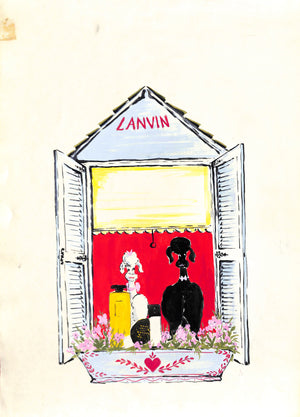 Lanvin Paris Perfume w/ Black & White Poodle On Windowsill c1950s Artwork
