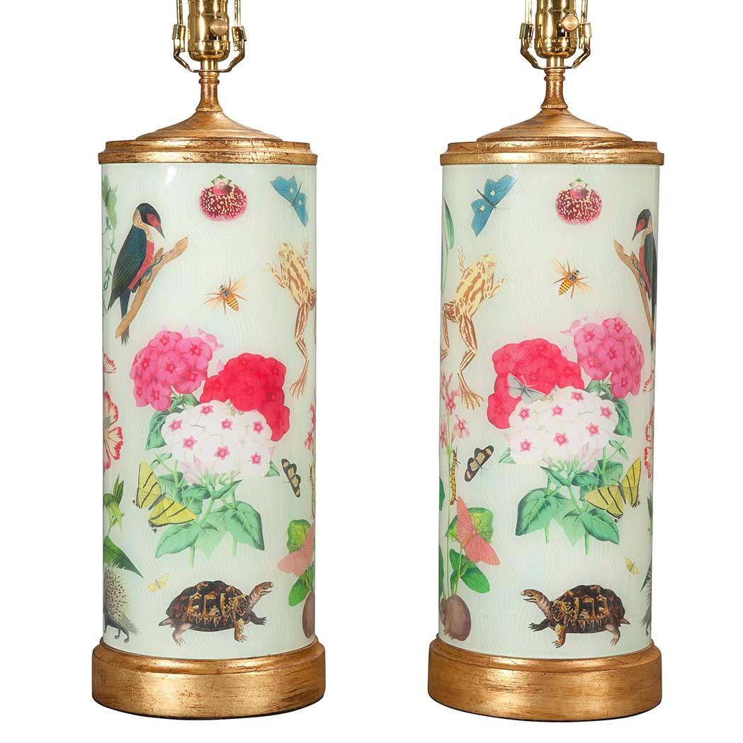 Pair x Decalcomania Gilt-Wood Mounted Glass Lamps (SOLD)