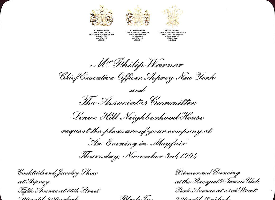 Mr. Philip Warner: "An Evening in Mayfair" Invited Card- November 3rd, 1994