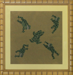 "Five Leaping Frogs c1960s Hand-Needlepoint Panel"
