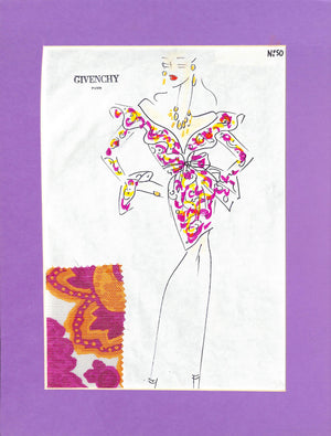 "Givenchy Paris No 50 Hand-Colored Fashion Plate w/ Couture Fabric Swatch"