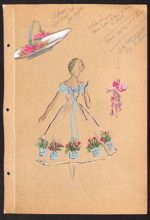Lanvin Paris w/ Lady Modelling Floral Bouquet Dress c1950s Artwork