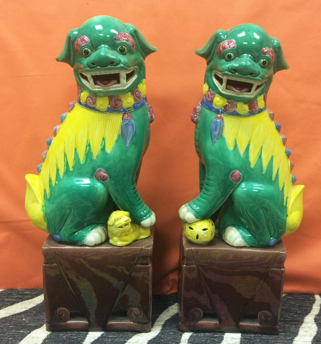"Pair x Ceramic Chinoiserie Foo Dogs" (SOLD)