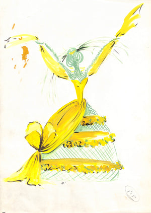 Lanvin Paris Green Lady w/ Yellow Dress c1950s Artwork