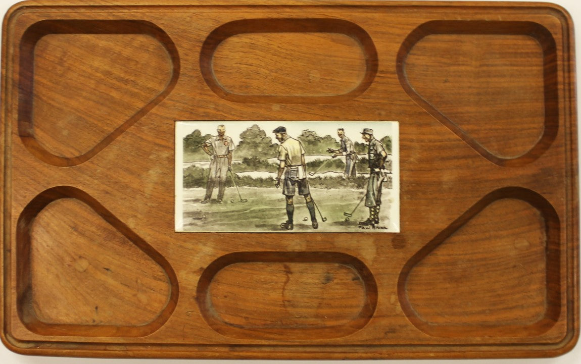 Mid 20th Century Brooks Brothers X Paul Brown Golfers Porcelain Plaque W/ Bunker Valet Wood Tray