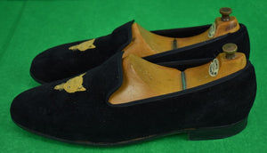 "Peal & Co of London Black Velvet Slippers w/ Gold Bullion Foxhead" Sz: 11 1/2 D (SOLD)