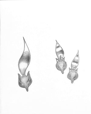 Silver Fox Mask Pin & Earrings Graphite Drawing