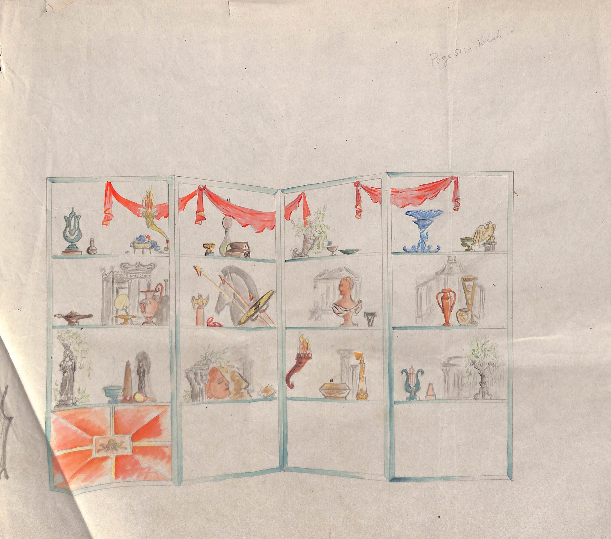 Lanvin Paris 4-Panel Vignette Screen c1950s Artwork