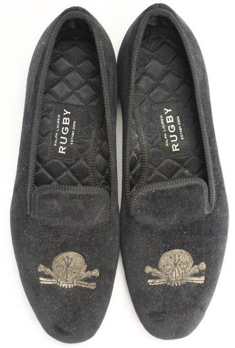 "Rugby Ralph Lauren Black Velvet Slippers w/ Gunmetal Bullion Skull & Crossbones Sz:       12" (US)/ 11" (UK) (NWOT) (SOLD)