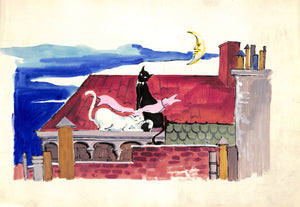 "Lanvin Paris Black & White Felines Perched On Rooftop" c1950s Watercolor Artwork