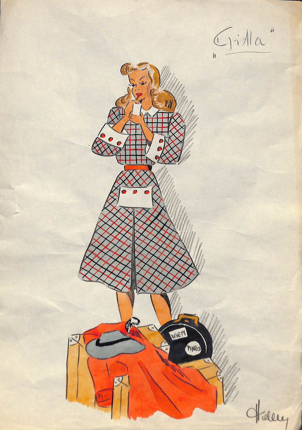 "Lady Traveller Original c1940s Fashion Watercolor Illustration"