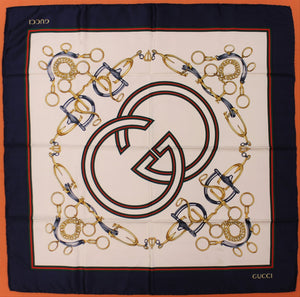 "Gucci of Italy White w/ Navy Equestrian G's Horse Bit Silk Scarf" (SOLD)