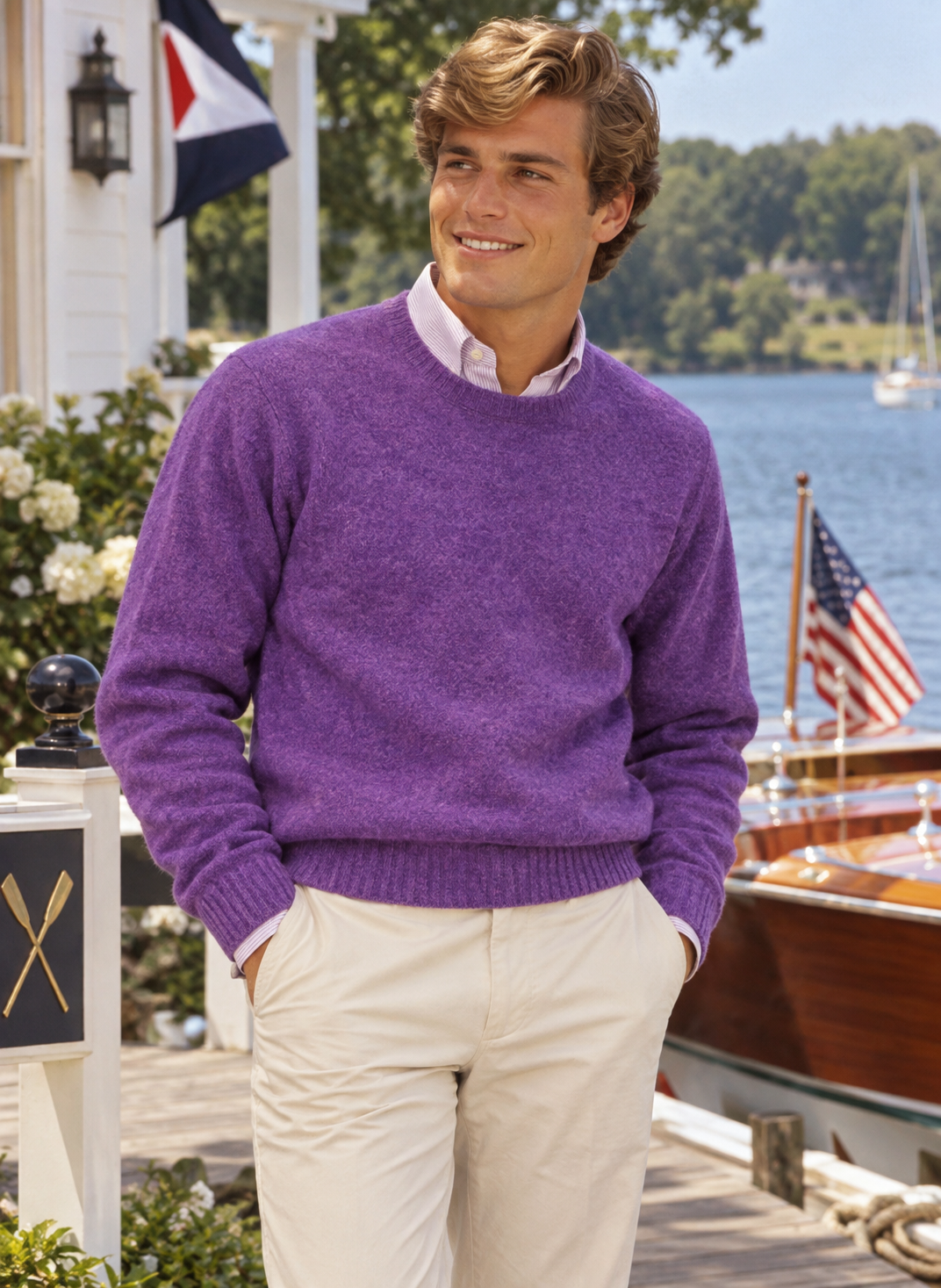 "Harley Of Scotland Heather Purple Shetland Shaggy Dog Crewneck Sweater" Sz L (NWT)