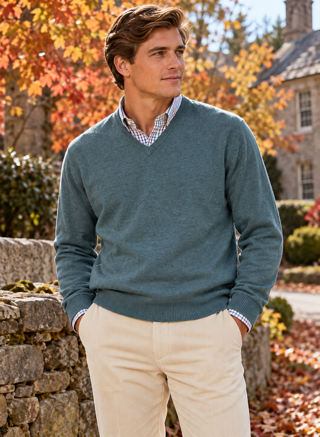 "J. Press Lovat Green Cotton-Cashmere V-Neck Sweater" Sz 48 (LNWOT)