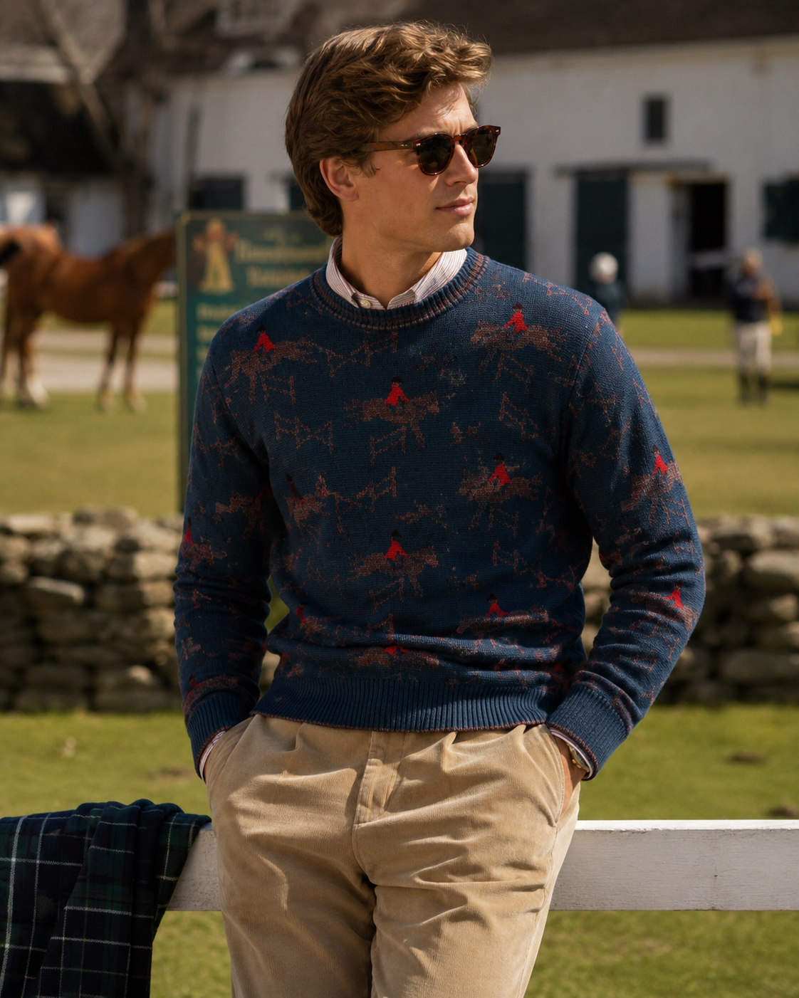 Abercombie & Fitch Teal w/ Red Wool Crewneck Women's Sweater w/ Red Equestrian Showjumping Intarsia Print Sz XL