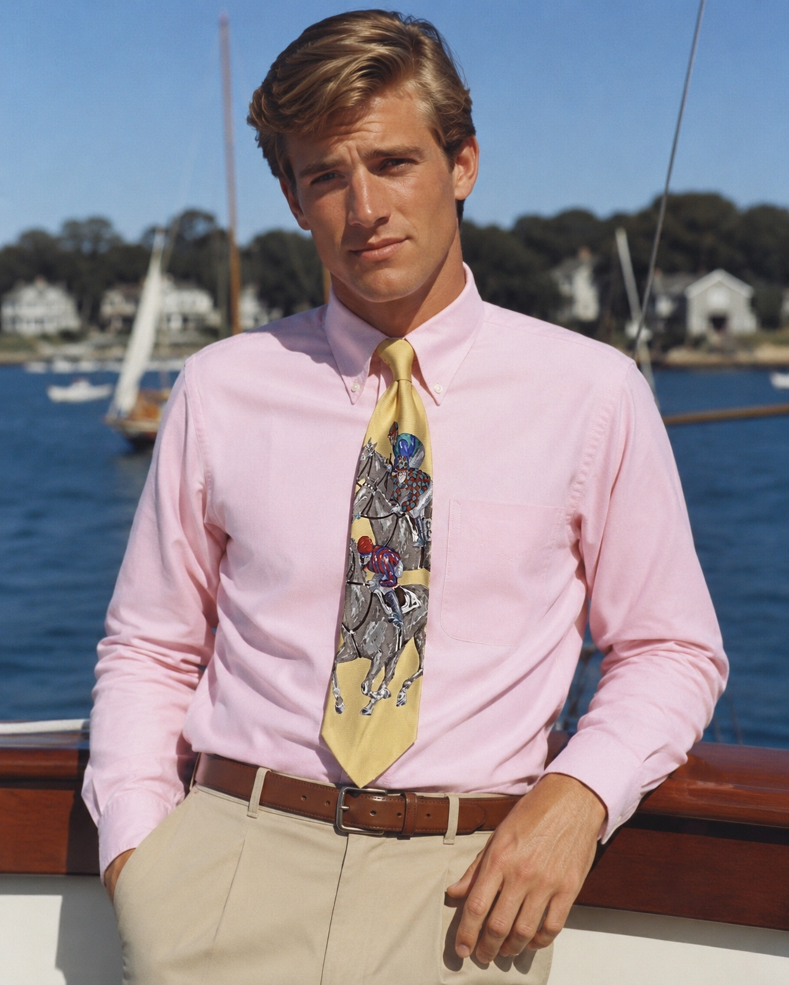 "Polo Ralph Lauren Yellow Scarf Print w/ Jockey/ Racehorse Print Silk Tie" (NWT)