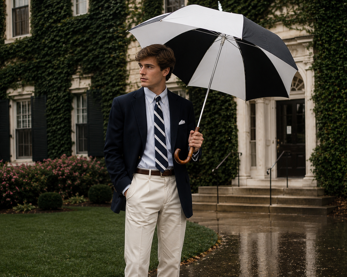 "Turnbull & Asser Black & White Umbrella w/ Chestnut Crook" (NWT)