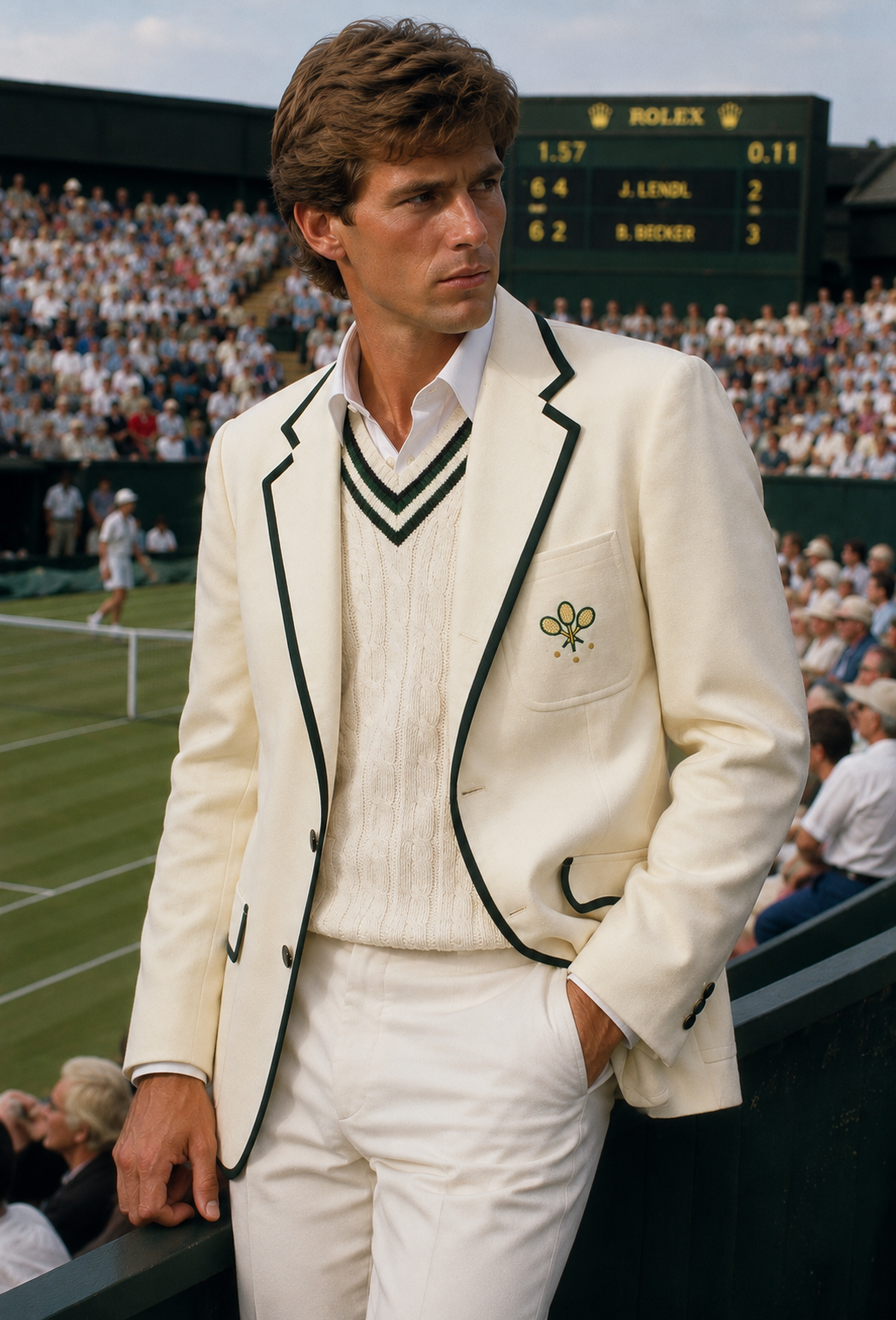 "J Press Tennis Cream Featherweight Flannel Blazer w/ Green Grosgrain Piping" Sz 40R