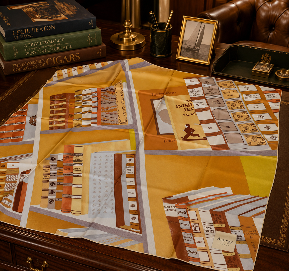 Asprey London Italian Silk Gold Scarf w/ Rare Books Print