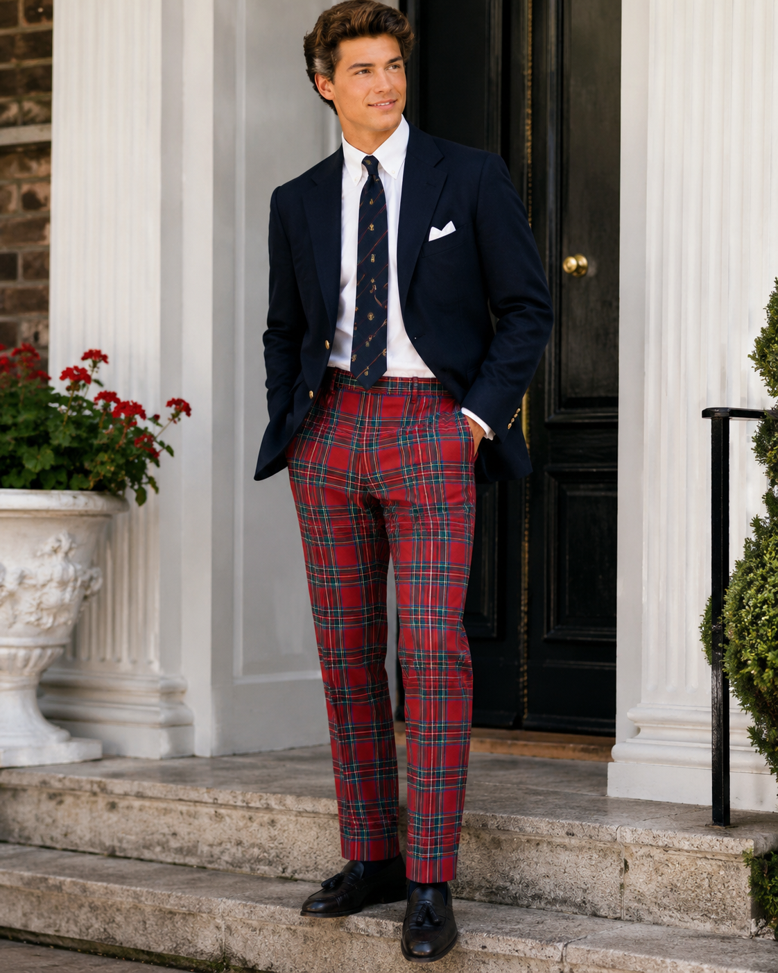 O'Connell's Plain Front Wool Flannel Trousers - Royal Stewart Sz 42