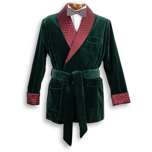 "The Andover Shop Forest Green Italian Velvet Smoking Jacket w/ Cranberry Trapunto Shawl Collar" Sz: XL (SOLD)