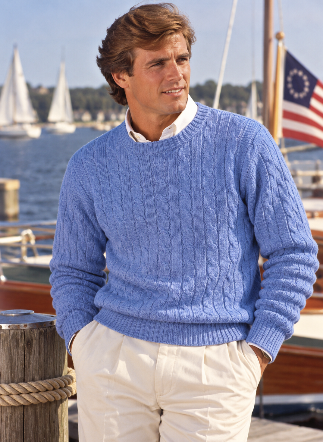 The Andover Shop Cashmere Montreux  Cable Lt Blue Crew Neck Sweater Made In Scotland Sz L (NWT)