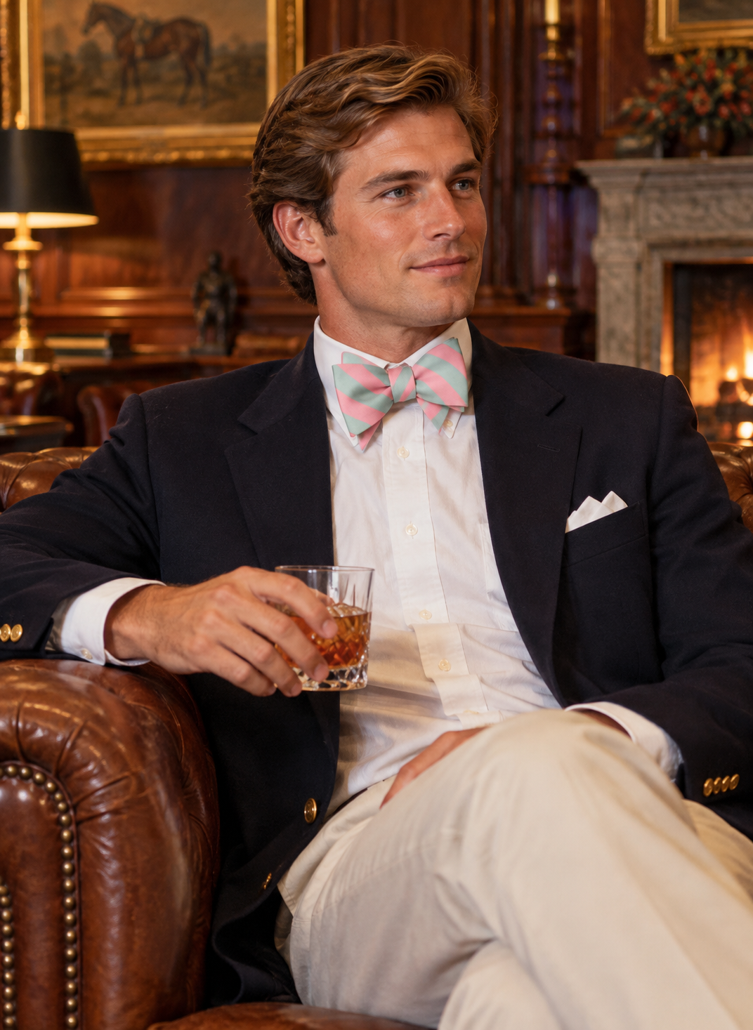 The Garrick Club London Salmon Pink & Mint Green Repp Stripe English Silk Members' Bow Tie (NWOT)