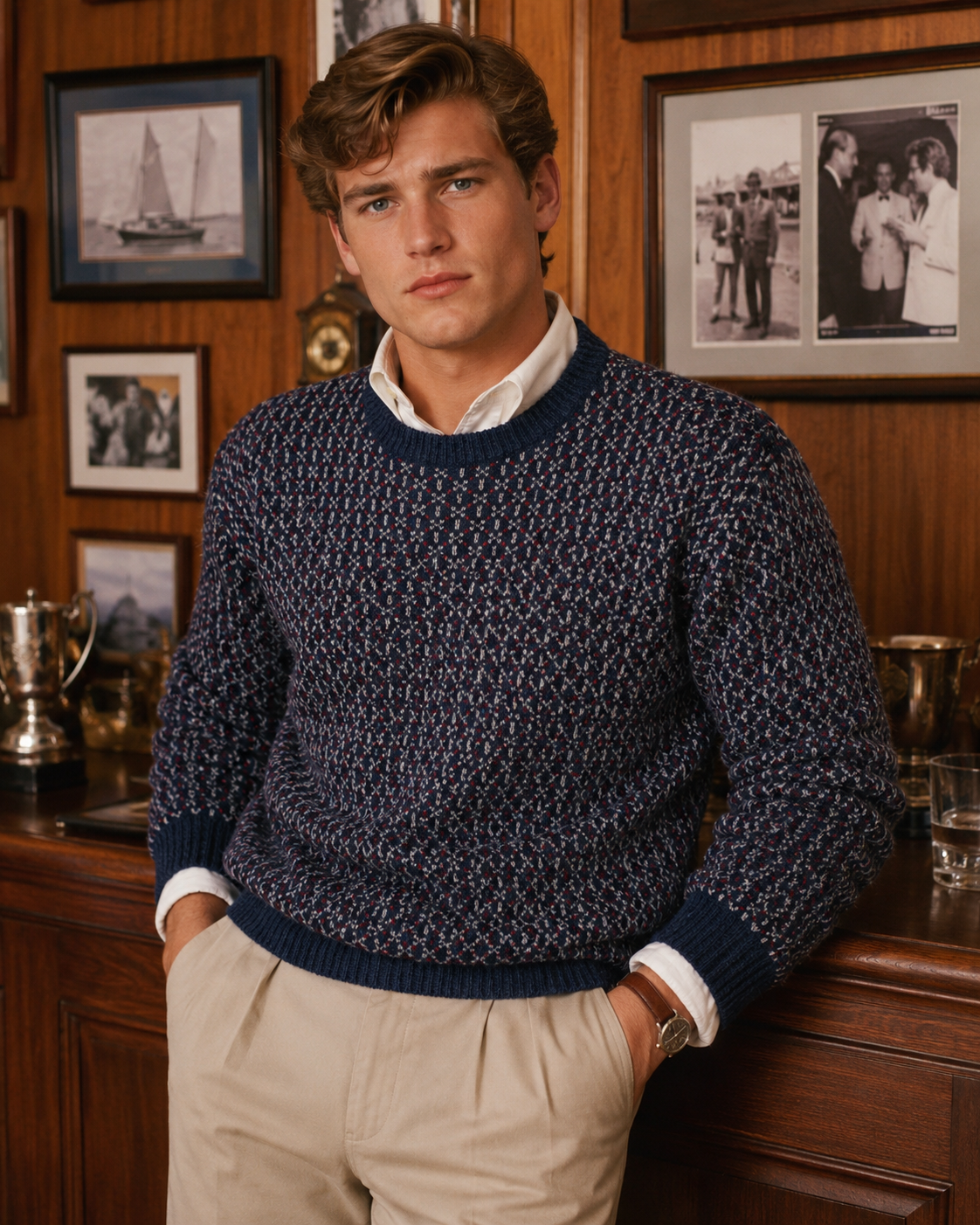 "O'Connell's Scottish Navy/ Red Birdseye Pattern Shetland Wool Crewneck Sweater" Sz M