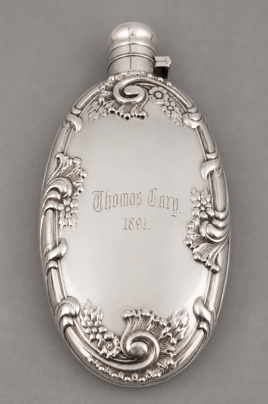 "Engraved Repoussé Sterling 1891 Polo Flask" (SOLD)
