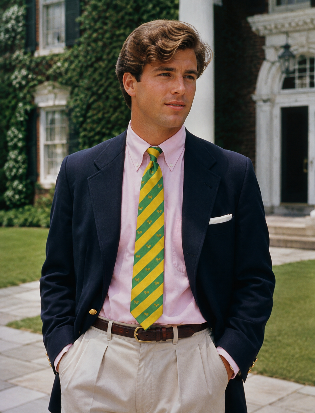 J. Crew Yellow/ Green Repp Stripe w/ X'd Tennis Racquets English Silk Club Tie