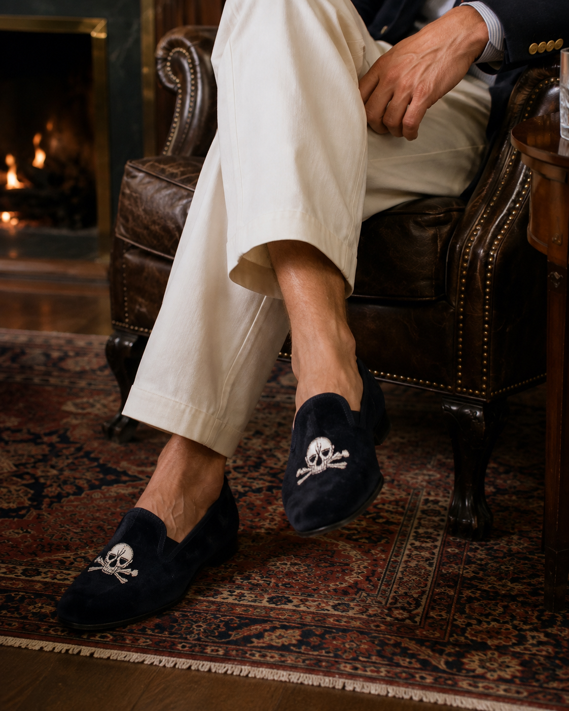 Tricker's of Jermyn Street London Black Velvet Skull & Bones Silver Bullion Embroidered Slippers Sz 8 (NWOT)