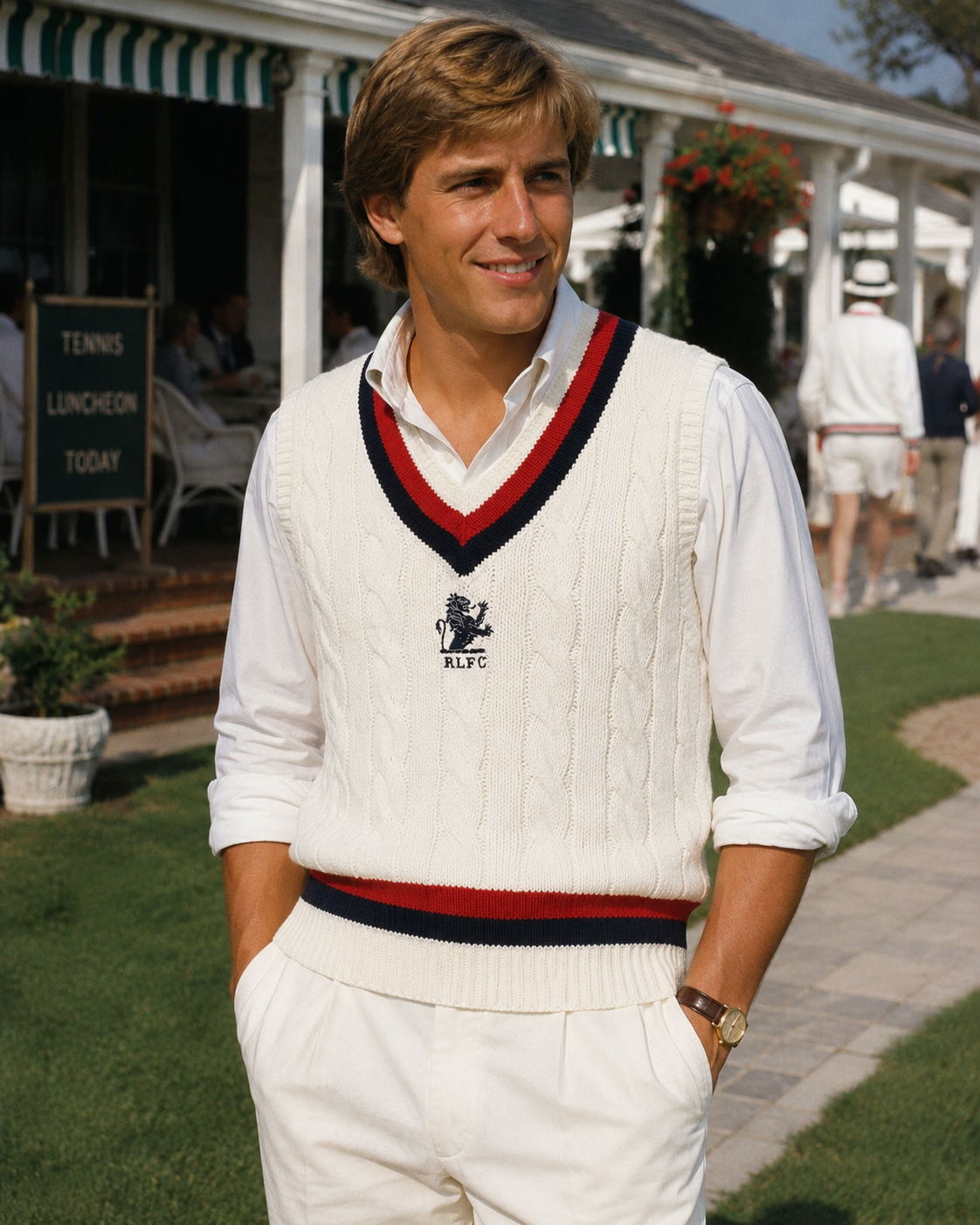 Polo Ralph Lauren White w/ Red/ Blue Stripe Cable Knit RLFC Cricket Vest Sz L (NWT)