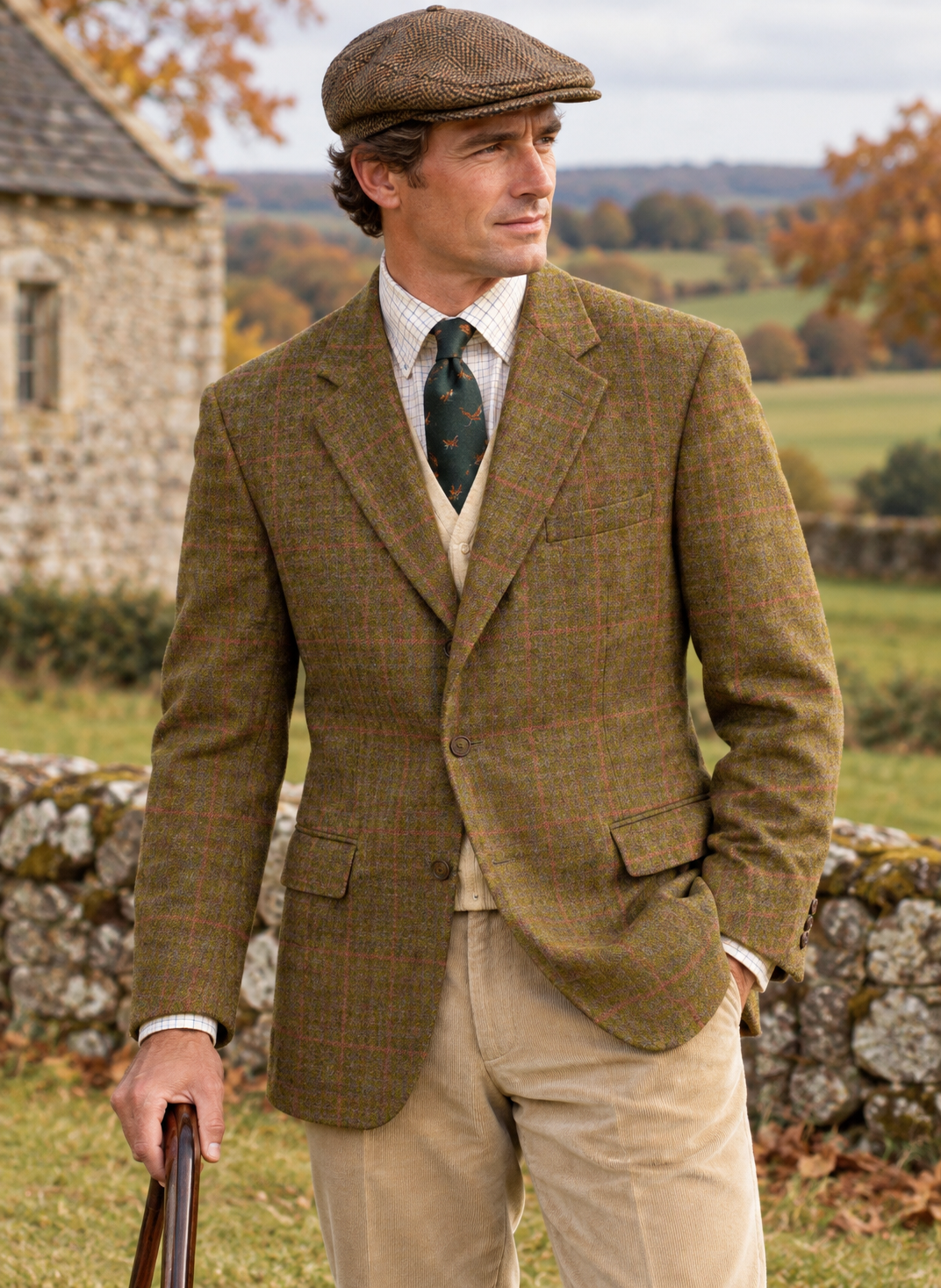The Andover Shop Heather Olive/ w/ Lavender & Coral Windowpane Scottish Tweed Sport Coat Sz 44R