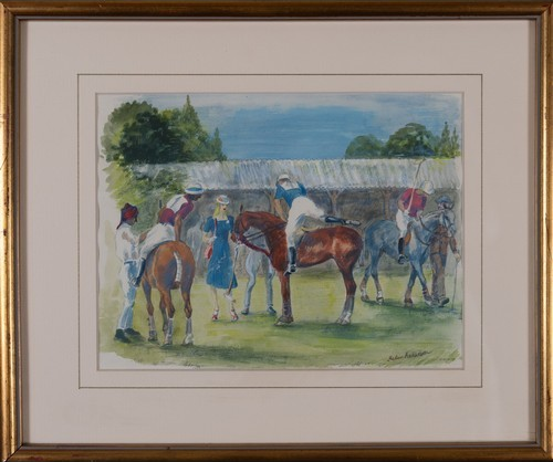 "British Polo Ponies Saddling Area" Watercolour by Helen Anderson (British, 20th Century)