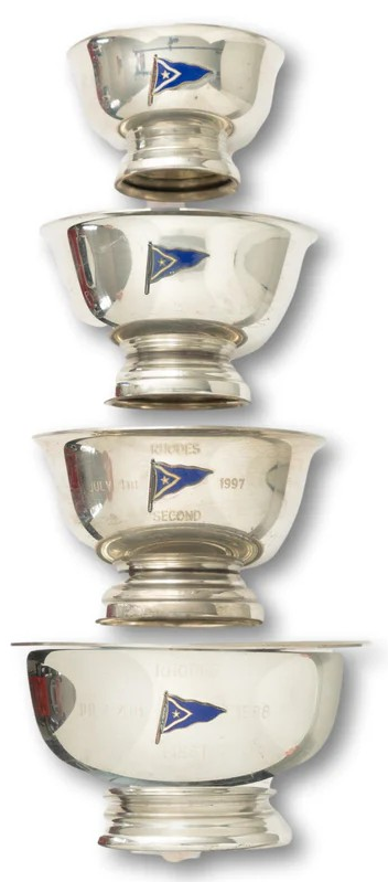 Set x 4 Nantucket Yacht Club Pewter Stacking 4th Of July Trophy Bowls w/ Enamel NYC Burgees
