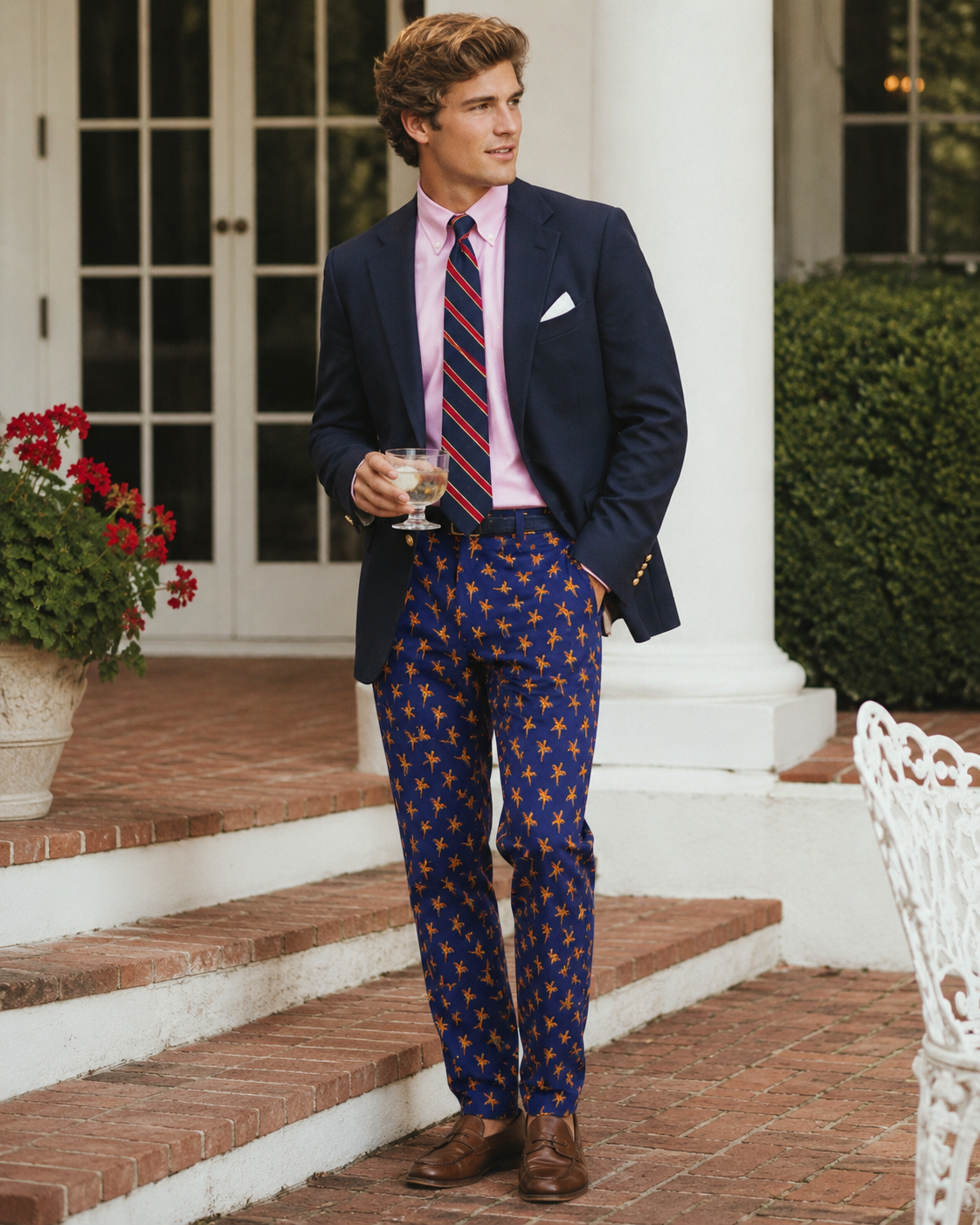 Chipp Navy Wool Challis Trousers w/ Pheasant Print Sz 36