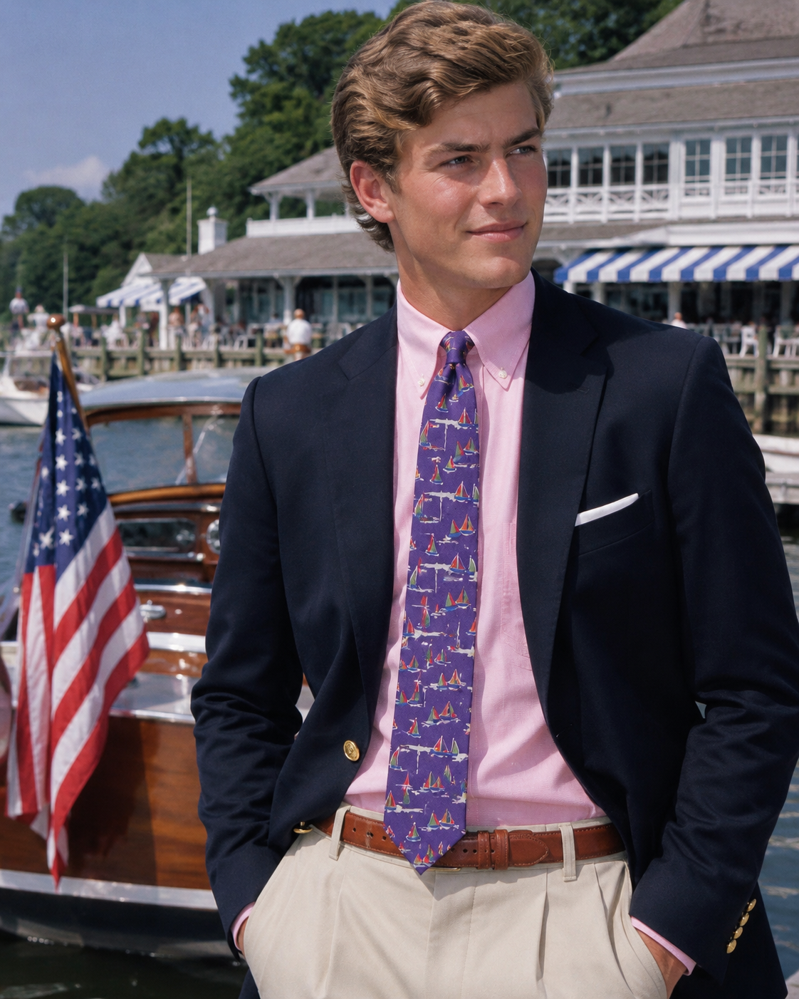 "Drake's (Dusty) Purple Madder Silk Tie w/ Green/ Red/ Gold Sail Boat Print" (NWT)