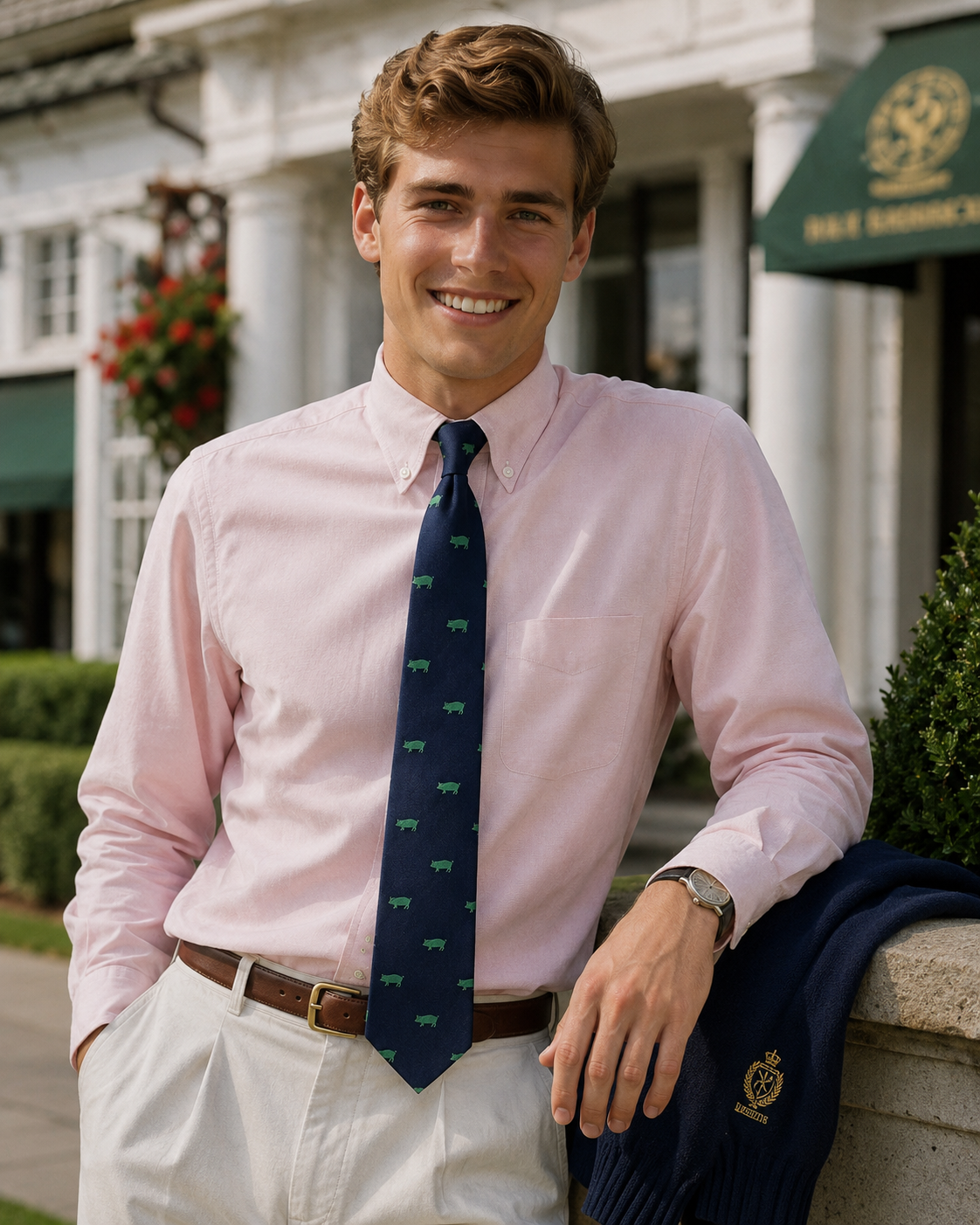 "The Andover Shop x Porcellian Club Navy w/ Green Pig Print English Silk Tie"