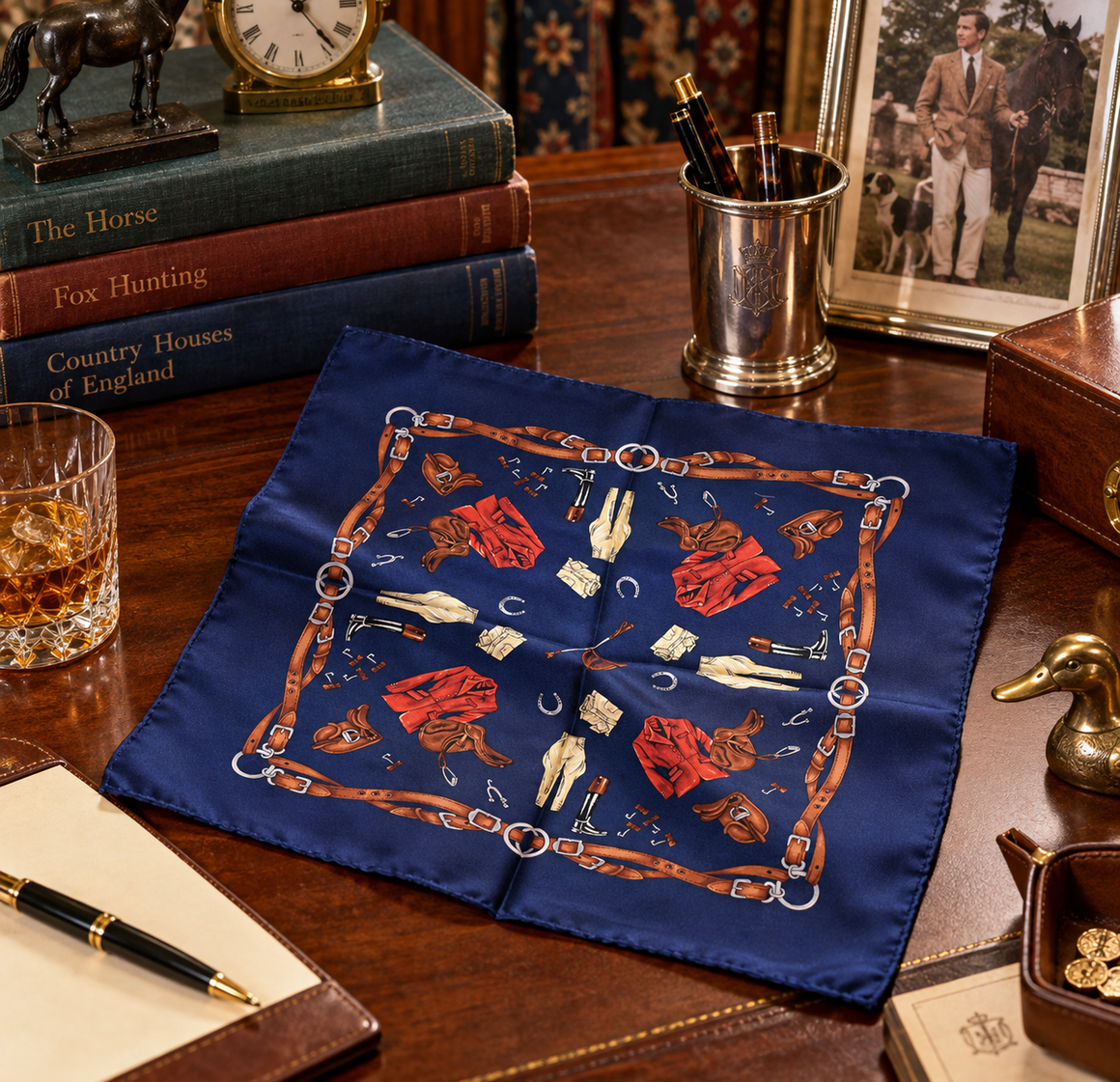 Polo Ralph Lauren Navy Italian Silk Equestrian Theme Pocket Square
