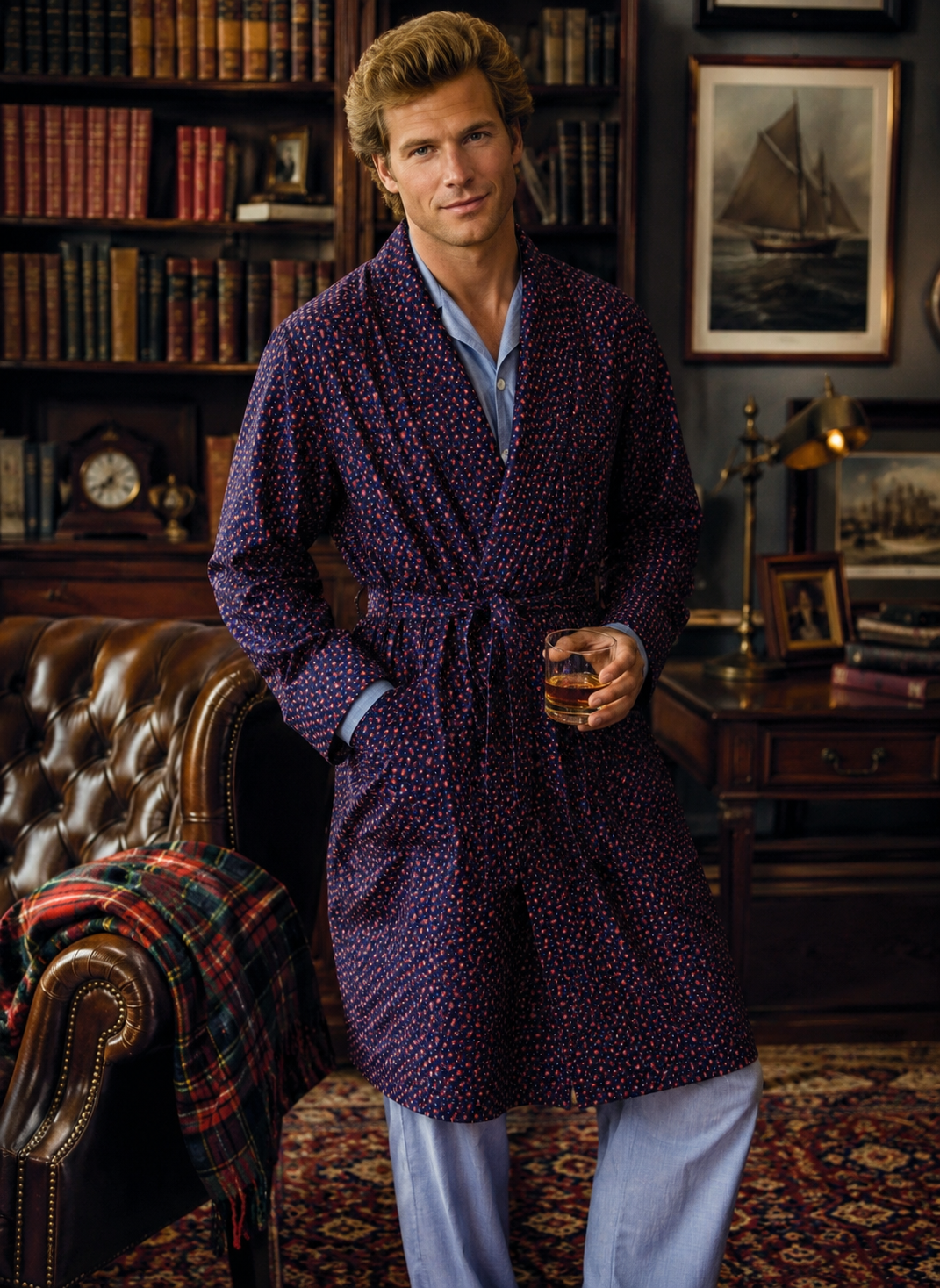 "Brooks Brothers Navy Silk w/ Red/ Blue Foulard Print Shawl Collar Dressing Gown' Sz M (LNWOT)