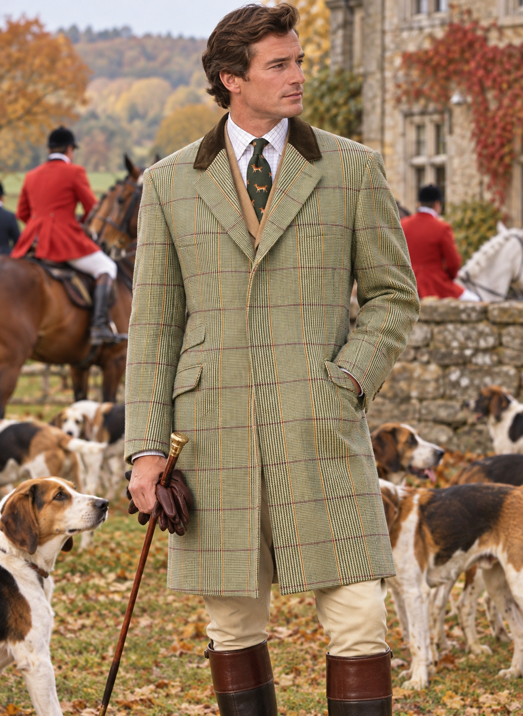 "The Andover Shop x Chrysalis Russell Plaid Paddock Coat w/ Hacking/ Ticket Pockets & Chocolate Suede Collar" Sz: 46 (NWT)