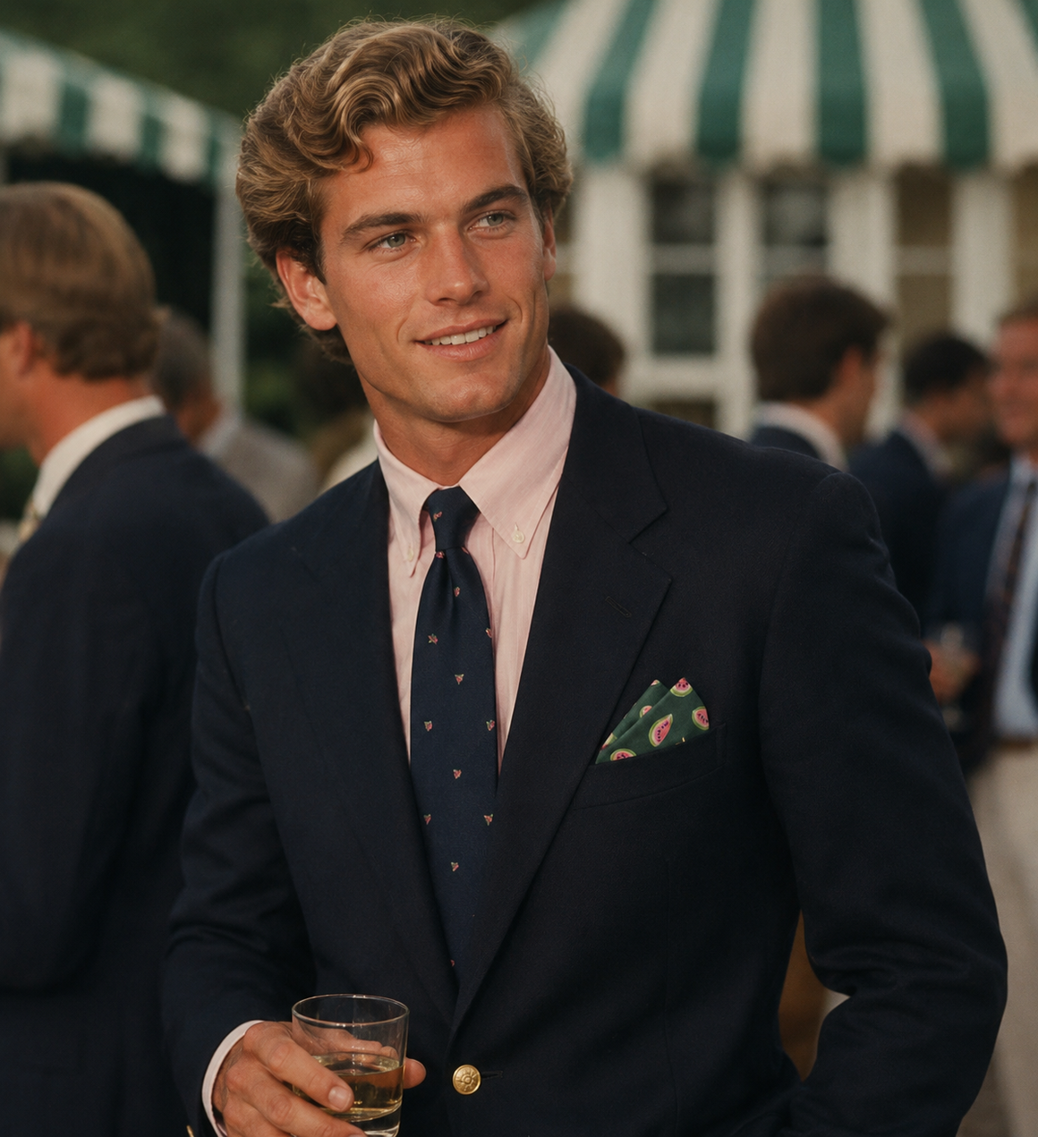 Drake's London Watermelon Print Cotton/ Silk Green Pocket Square