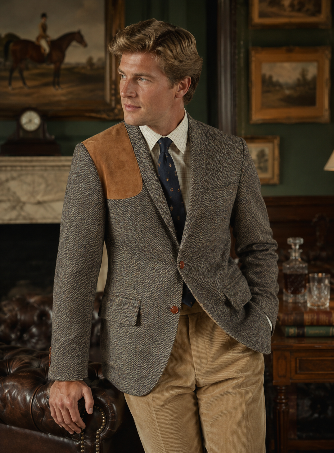"Harris Tweed HB English Shooting Jacket w/ Suede Elbow Patches & Shoulder Pad" Sz 40R