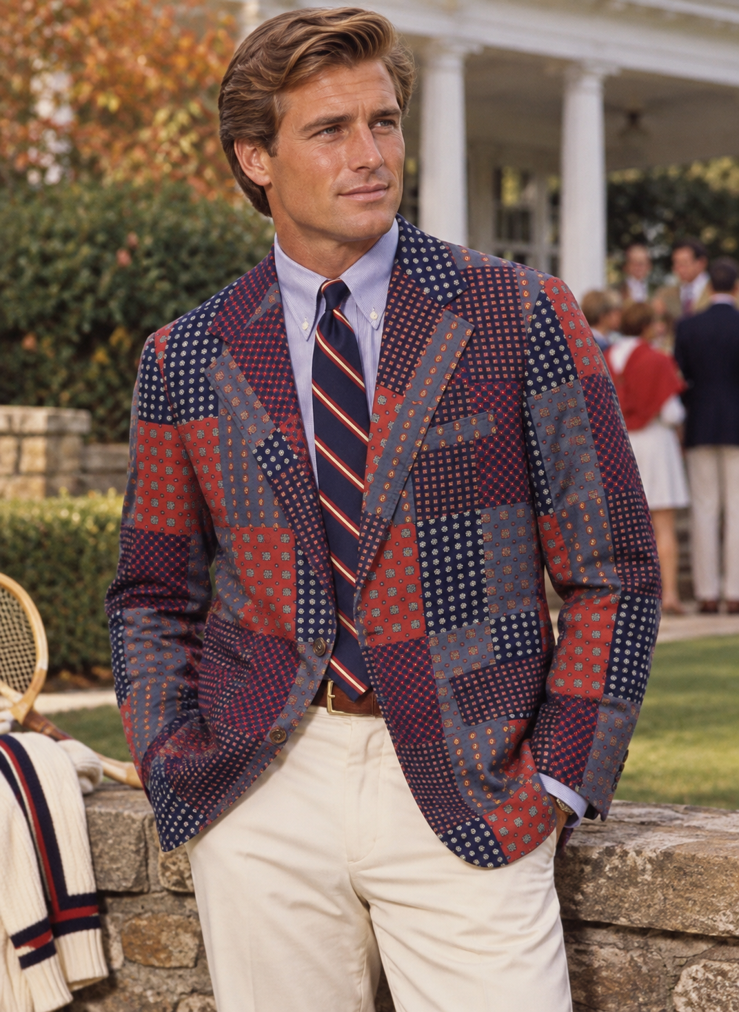 "Corbin Patch Panel Blue/ Red Foulard Sport Coat" Sz 40R