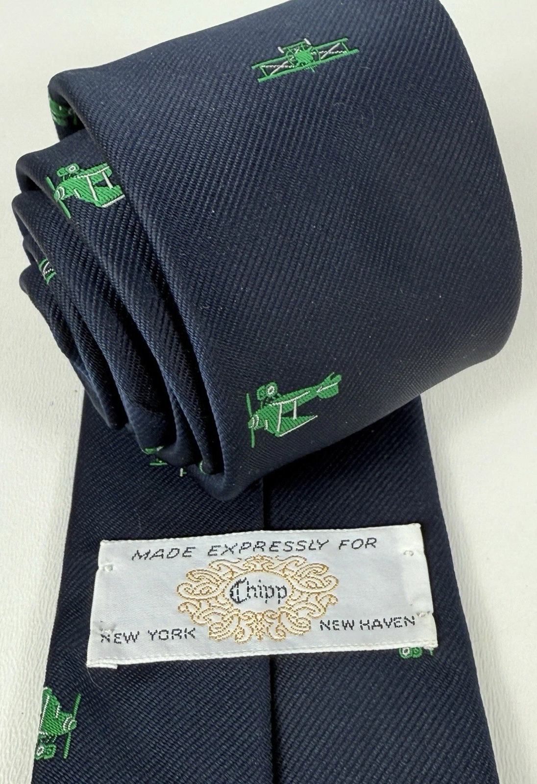 Chipp Navy Club Tie w/ Green Biplane Print