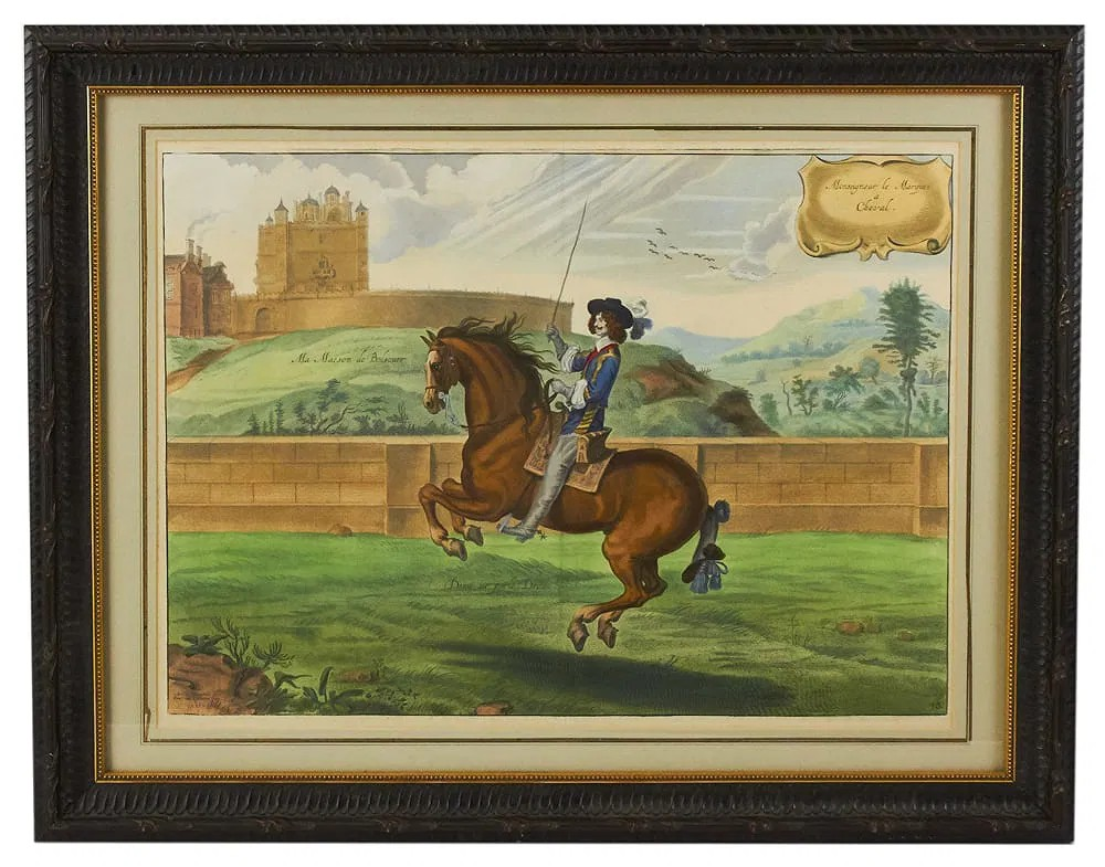 Monseigneur le Marquis à Cheval. Demÿ-air. parle Droite. Fol. 30 from the book 'Methode et Invention Nouvelle de dresser les chevaux' French Equestrian Hand-Colored Engraving Provenance: The Susie Hilfiger Collection (SOLD)