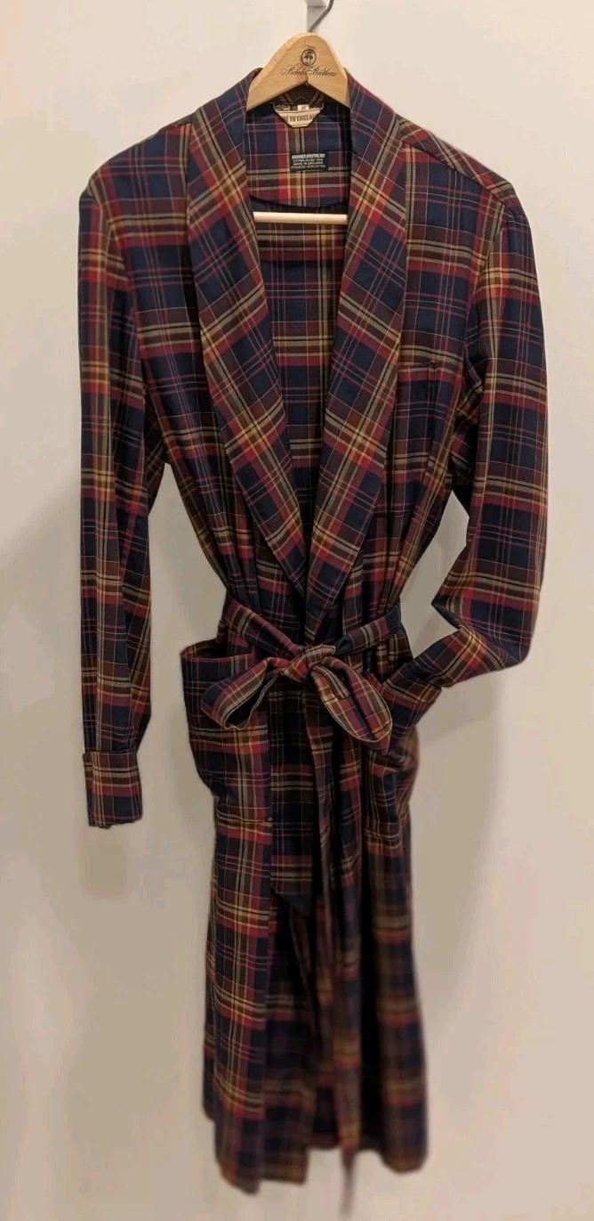 Brooks Brothers Wool/ Cotton Navy/ Camel/ Red Plaid Shawl Collar Dressing Gown Made In England Sz M (LNWOT)