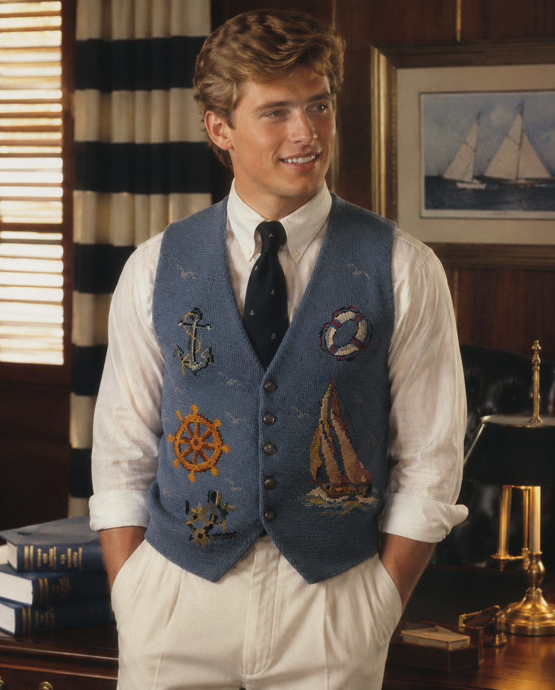 "Hand Needlepoint Nautical Theme Ocean Blue Vest" Sz 40 (SOLD)