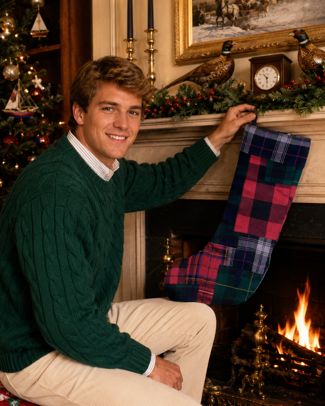 "Ralph Lauren Patch Red & Green Tartan Flannel Christmas Stocking" (NWT)